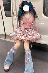 Ensemble de jupe Sweet Lolita avec nœud papillon à volants imprimé papier publicitaire rose à double couche